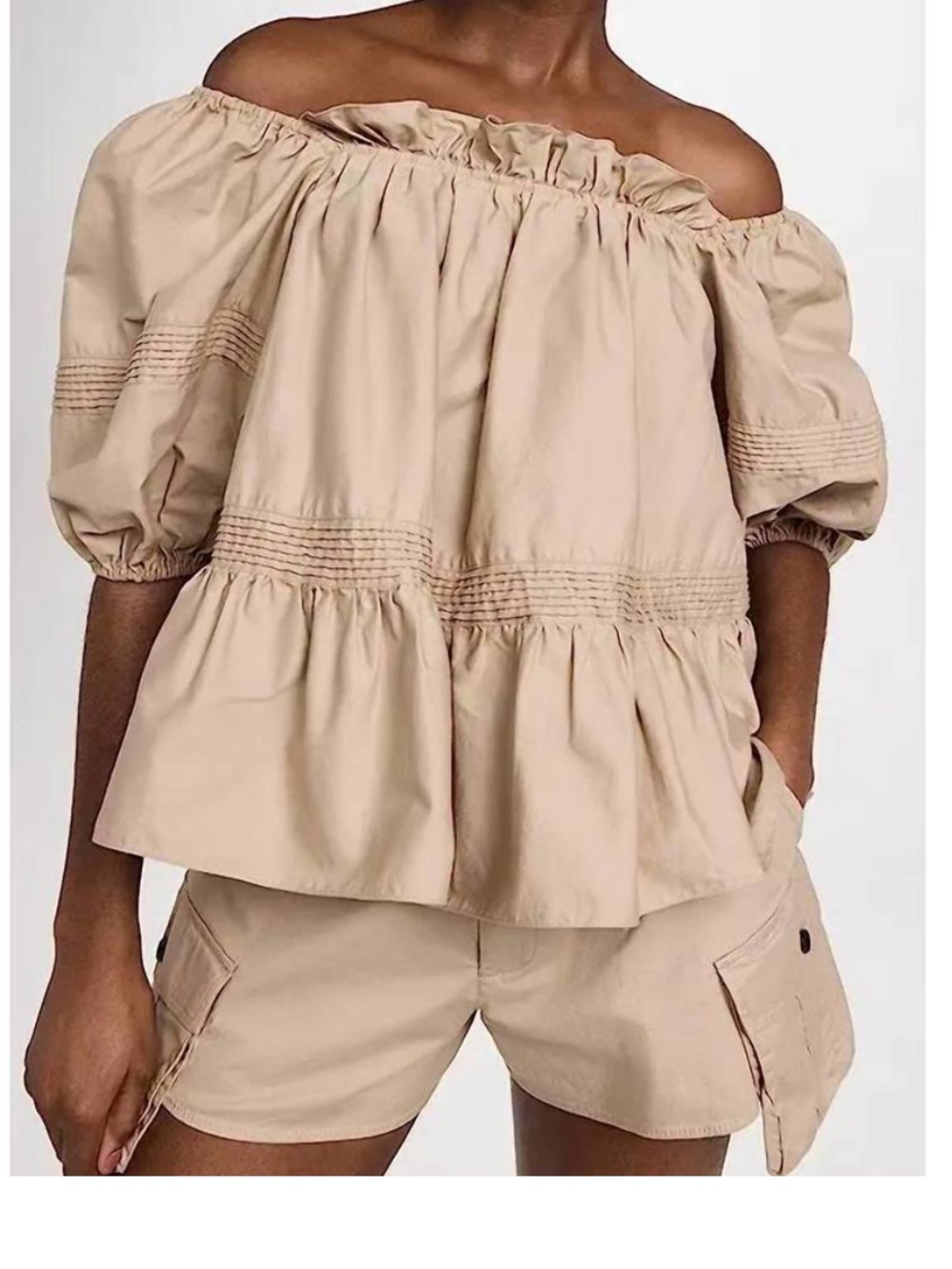 Marissa Webb Aurelia Canvas Swing Top Sandshell Balloon Sleeve Peplum Medium